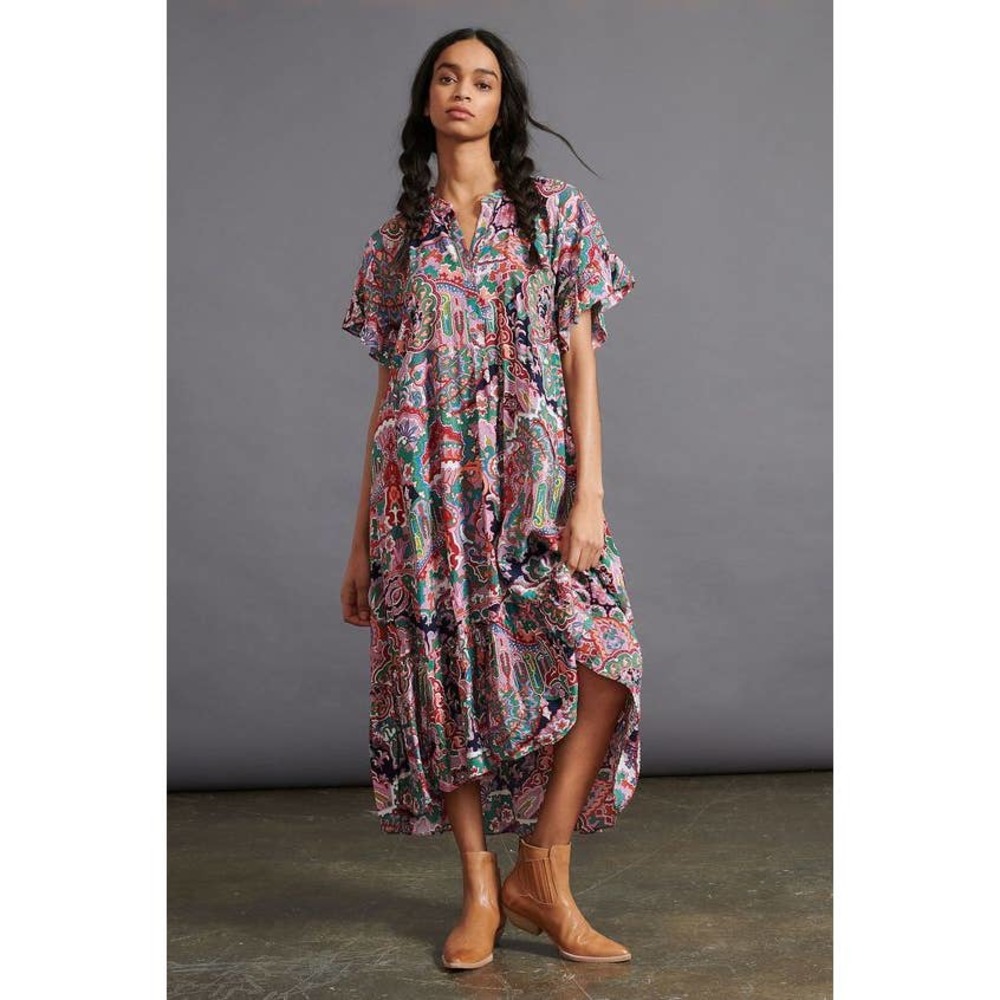 Anthropologie Antoinette lilac floral paisley tiered maxi ruffle sleeve dress LP